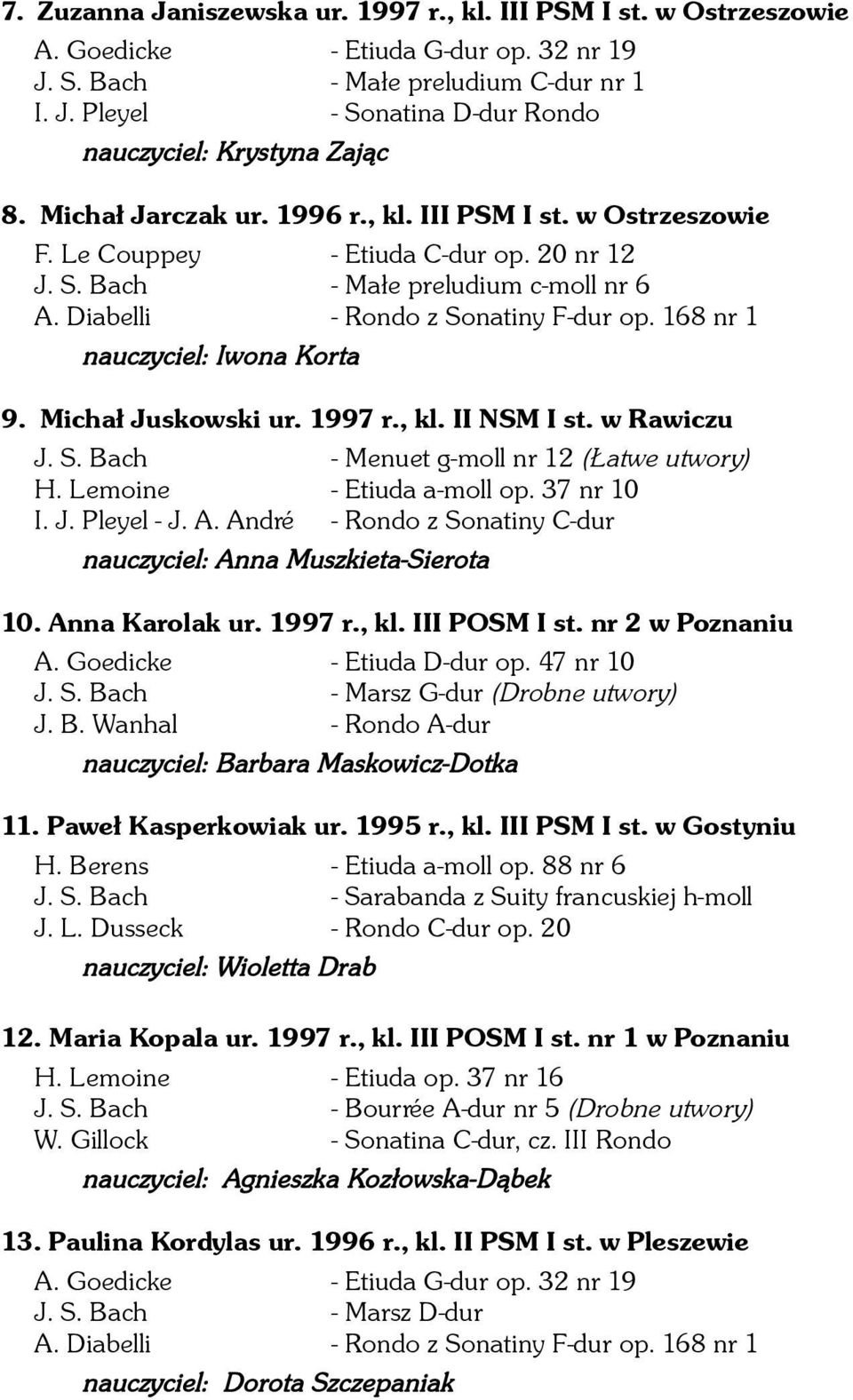 168 nr 1 nauczyciel: Iwona Korta 9. Michał Juskowski ur. 1997 r., kl. II NSM I st. w Rawiczu J. S. Bach - Menuet g-moll nr 12 (Łatwe utwory) H. Lemoine - Etiuda a-moll op. 37 nr 10 I. J. Pleyel - J.