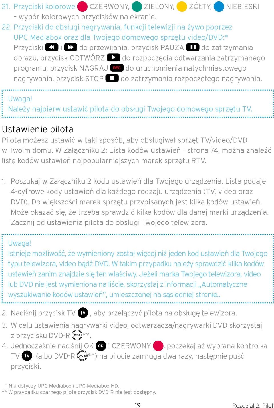 przycisk ODTWÓRZ do rozpoczęcia odtwarzania zatrzymanego programu, przycisk NAGRAJ do uruchomienia natychmiastowego nagrywania, przycisk STOP do zatrzymania rozpoczętego nagrywania. Uwaga!