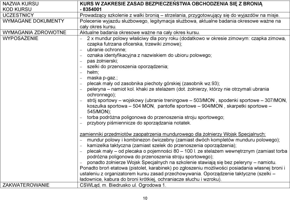 WYPOSAŻENIE 2 x mundur polowy właściwy dla pory roku (dodatkowo w okresie zimowym: czapka zimowa, czapka futrzana oficerska, trzewiki zimowe); ubranie ochronne; oznaka identyfikacyjna z nazwiskiem do