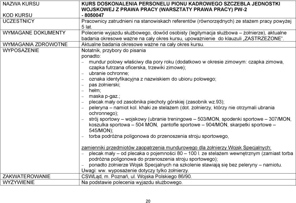 Polecenie wyjazdu służbowego, dowód osobisty (legitymacja służbowa żołnierze), aktualne badania okresowe ważne na cały okres kursu, upoważnienie do klauzuli ZASTRZEŻONE.