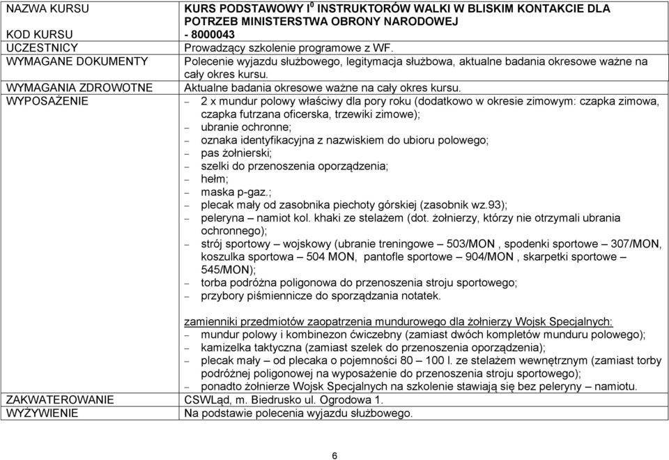 WYMAGANIA ZDROWOTNE WYPOSAŻENIE 2 x mundur polowy właściwy dla pory roku (dodatkowo w okresie zimowym: czapka zimowa, czapka futrzana oficerska, trzewiki zimowe); ubranie ochronne; oznaka