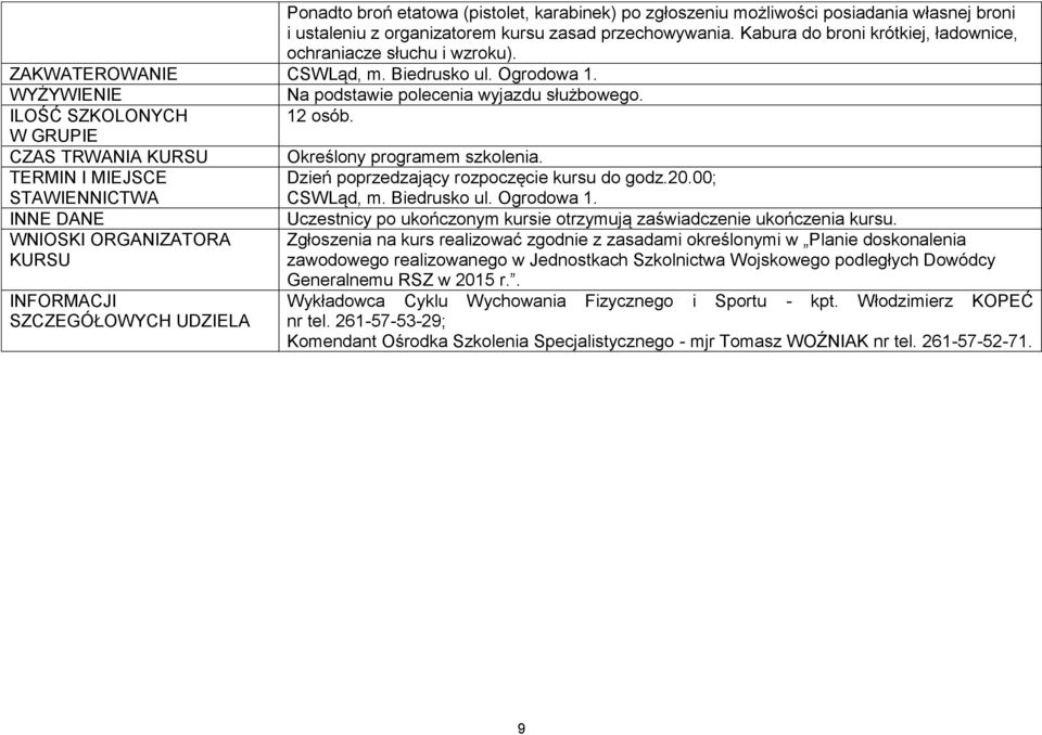 W GRUPIE CZAS TRWANIA KURSU Określony programem szkolenia. TERMIN I MIEJSCE Dzień poprzedzający rozpoczęcie kursu do godz.20.00; STAWIENNICTWA CSWLąd, m. Biedrusko ul. Ogrodowa 1.