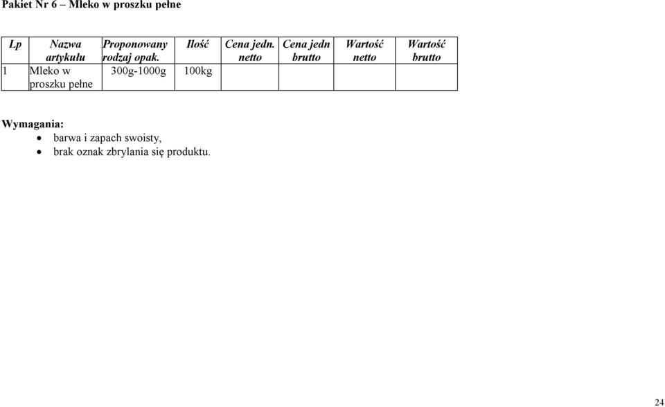 300g-1000g Ilość 100kg Cena jedn Wymagania: barwa i