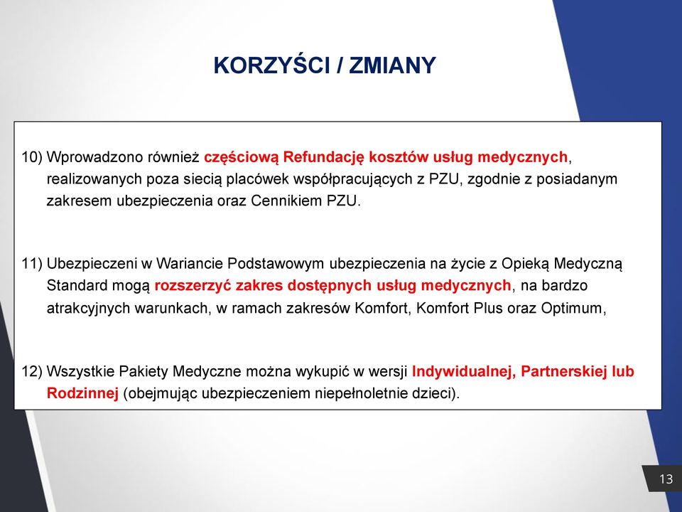 11) Ubezpieczeni w Wariancie Podstawowym ubezpieczenia na życie z Opieką Medyczną Standard mogą rozszerzyć zakres dostępnych usług medycznych, na