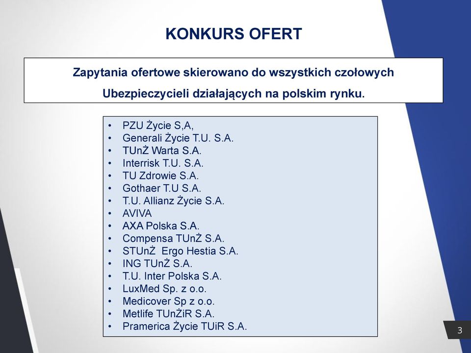 U S.A. T.U. Allianz Życie S.A. AVIVA AXA Polska S.A. Compensa TUnŻ S.A. STUnŻ Ergo Hestia S.A. ING TUnŻ S.A. T.U. Inter Polska S.