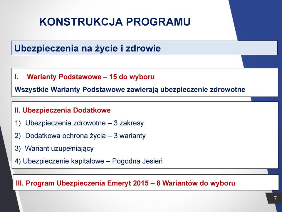 II. Ubezpieczenia Dodatkowe 1) Ubezpieczenia zdrowotne 3 zakresy 2) Dodatkowa ochrona życia 3