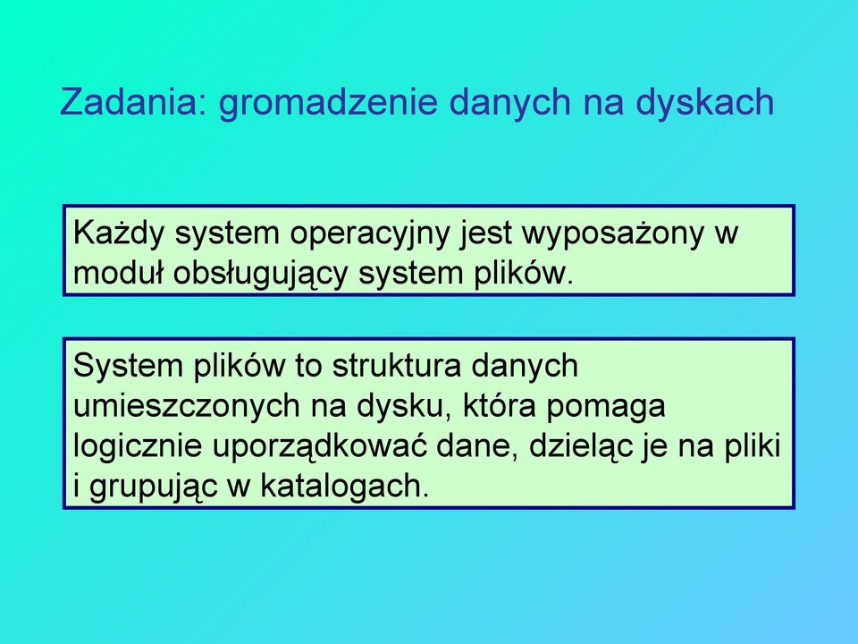 System plików to struktura danych umieszczonych na dysku, która