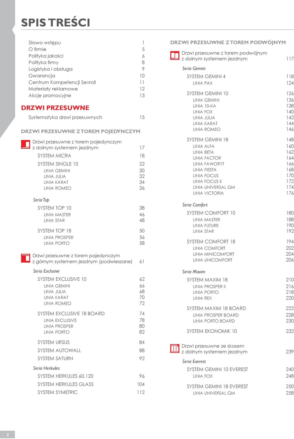 32 LINIA KARAT 34 LINIA ROMEO 36 Seria Top SYSTEM TOP 10 38 LINIA MASTER 46 LINIA STAR 48 SYSTEM TOP 18 50 LINIA PROSPER 56 LINIA PORTO 58 Drzwi przesuwne z torem pojedynczym z górnym systemem