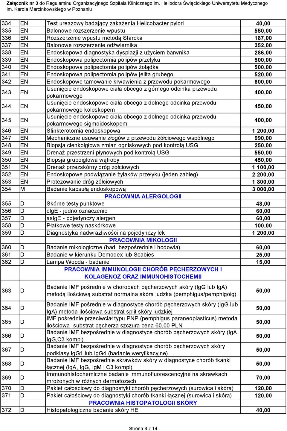 Endoskopowa polipectomia polipów jelita grubego 520,00 342 EN Endoskopowe tamowanie krwawienia z przewodu pokarmowego 800,00 343 EN Usunięcie endoskopowe ciała obcego z górnego odcinka przewodu