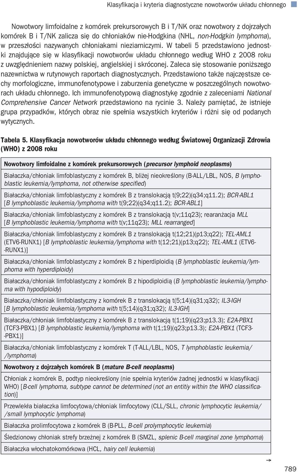 W tabeli 5 przedstawiono jednostki znajdujące się w klasyfikacji nowotworów układu chłonnego według WHO z 2008 roku z uwzględnieniem nazwy polskiej, angielskiej i skróconej.