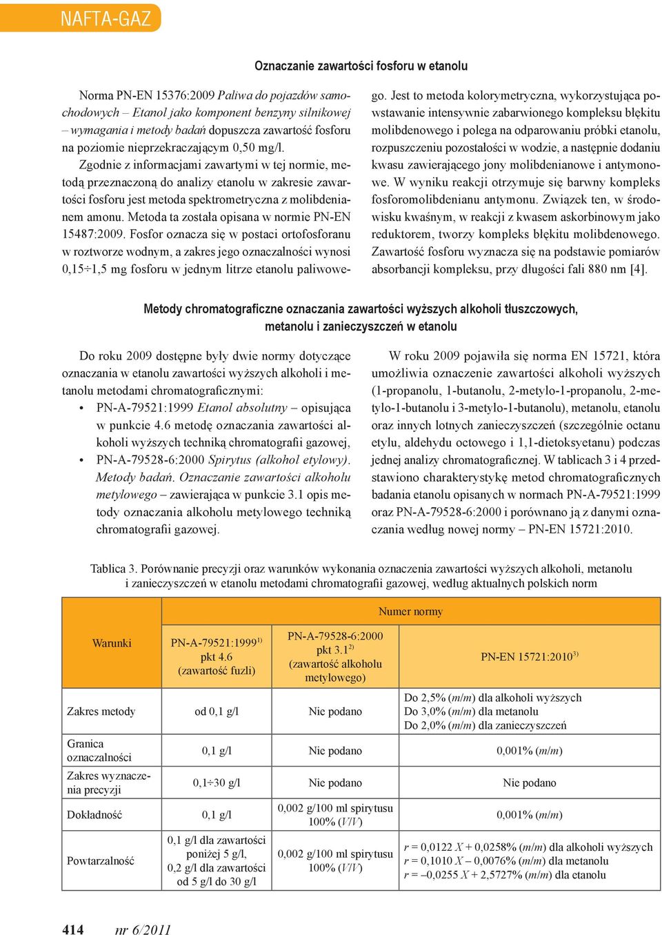 Zgodnie z informacjami zawartymi w tej normie, metodą przeznaczoną do analizy etanolu w zakresie zawartości fosforu jest metoda spektrometryczna z molibdenianem amonu.