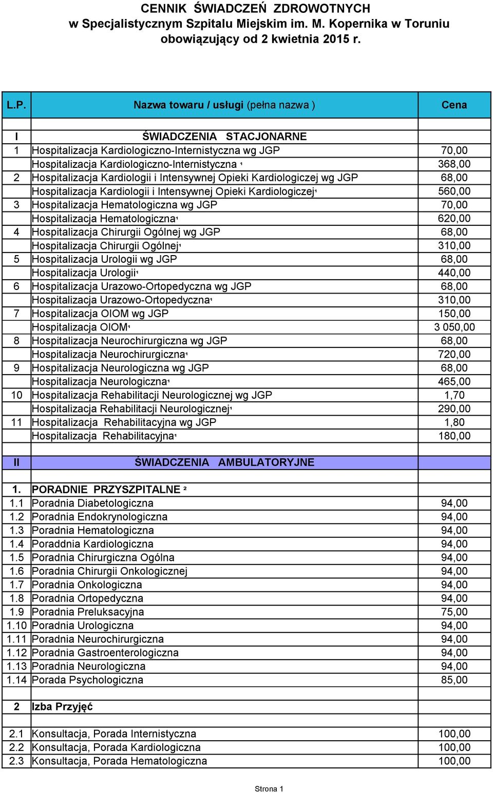 Kardiologii i Intensywnej Opieki Kardiologiczej wg JGP Hospitalizacja Kardiologii i Intensywnej Opieki Kardiologiczej¹ 68,00 560,00 3 Hospitalizacja Hematologiczna wg JGP Hospitalizacja