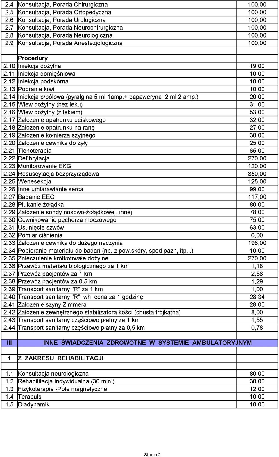 13 Pobranie krwi 10,00 2.14 Iniekcja p/bólowa (pyralgina 5 ml 1amp.+ papaweryna 2 ml 2 amp.) 20,00 2.15 Wlew dożylny (bez leku) 31,00 2.16 Wlew dożylny (z lekiem) 53,00 2.