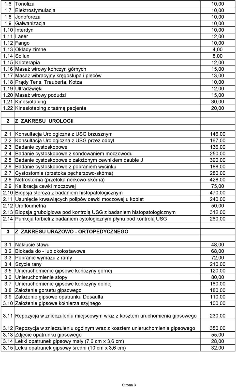 20 Masaż wirowy podudzi 15,00 1.21 Kinesiotaping 30,00 1.22 Kinesiotaping z taśmą pacjenta 20,00 2 Z ZAKRESU UROLOGII 2.1 Konsultacja Urologiczna z USG brzusznym 146,00 2.