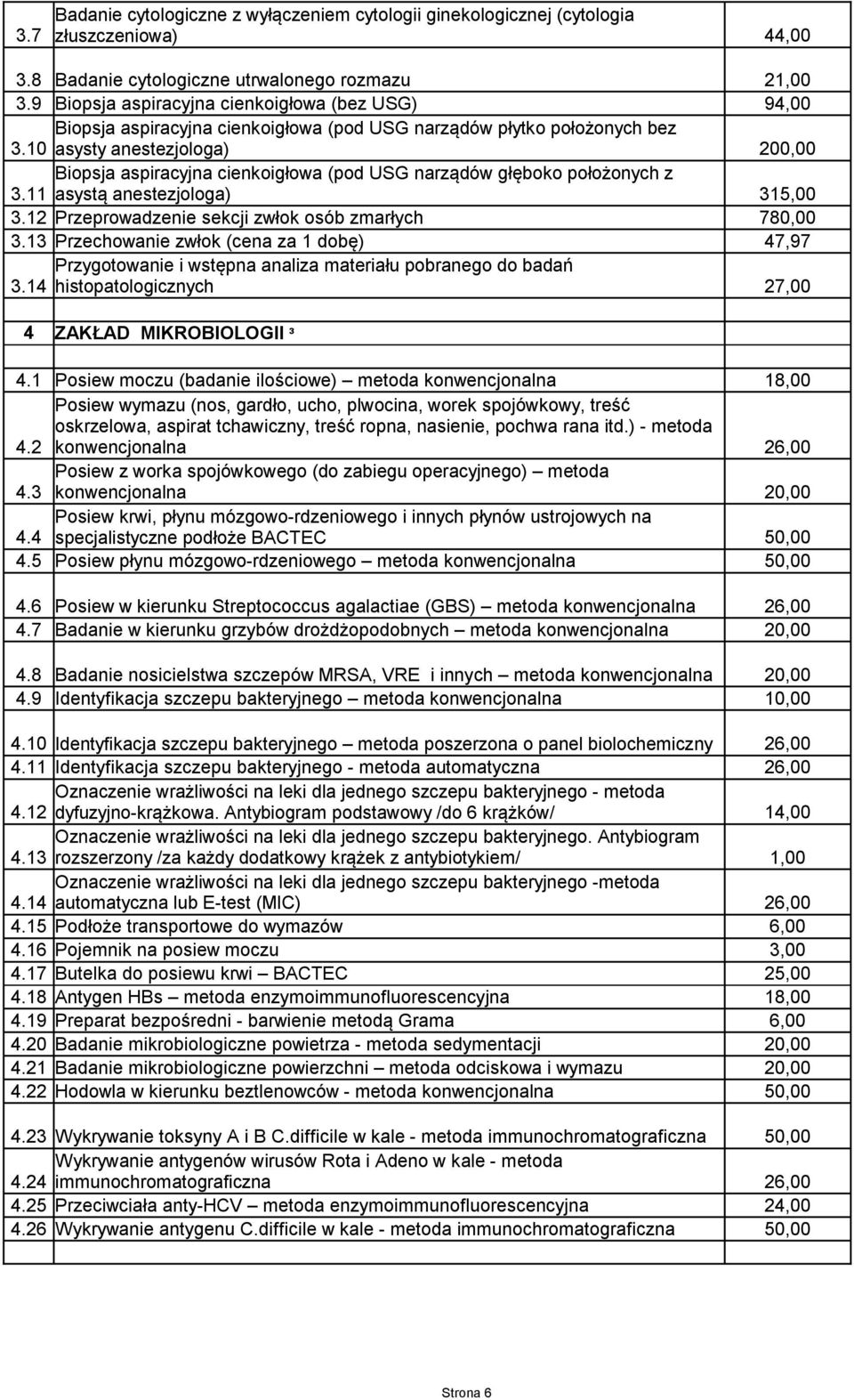 10 asysty anestezjologa) 200,00 Biopsja aspiracyjna cienkoigłowa (pod USG narządów głęboko położonych z 3.11 asystą anestezjologa) 315,00 3.12 Przeprowadzenie sekcji zwłok osób zmarłych 780,00 3.