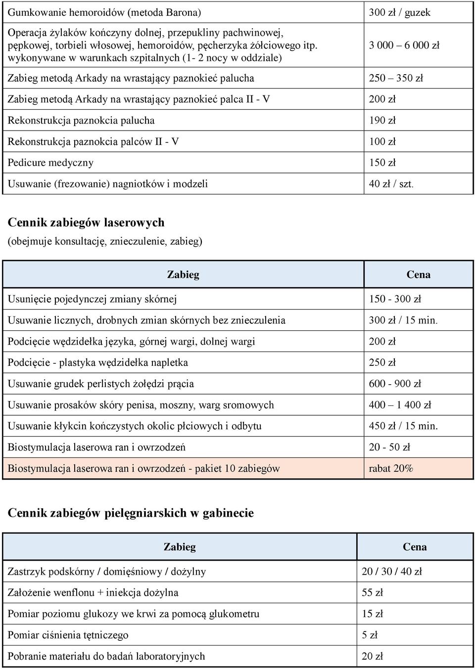 paznokcia palców II - V Pedicure medyczny Usuwanie (frezowanie) nagniotków i modzeli / guzek 3 000 6 000 zł 250 190 zł 100 zł 40 zł / szt.