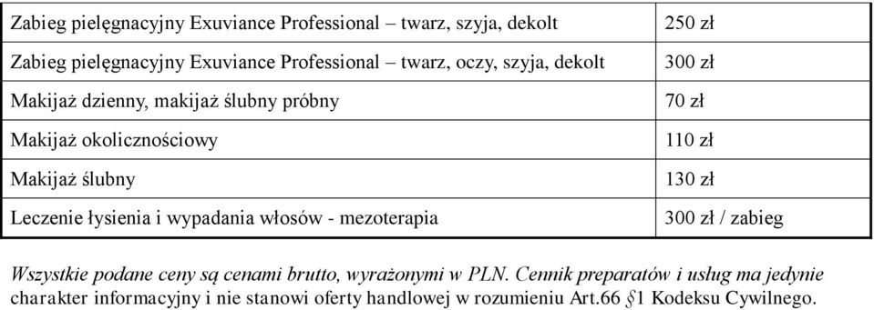 włosów - mezoterapia 70 zł 110 zł 130 zł / zabieg Wszystkie podane ceny są cenami brutto, wyrażonymi w PLN.