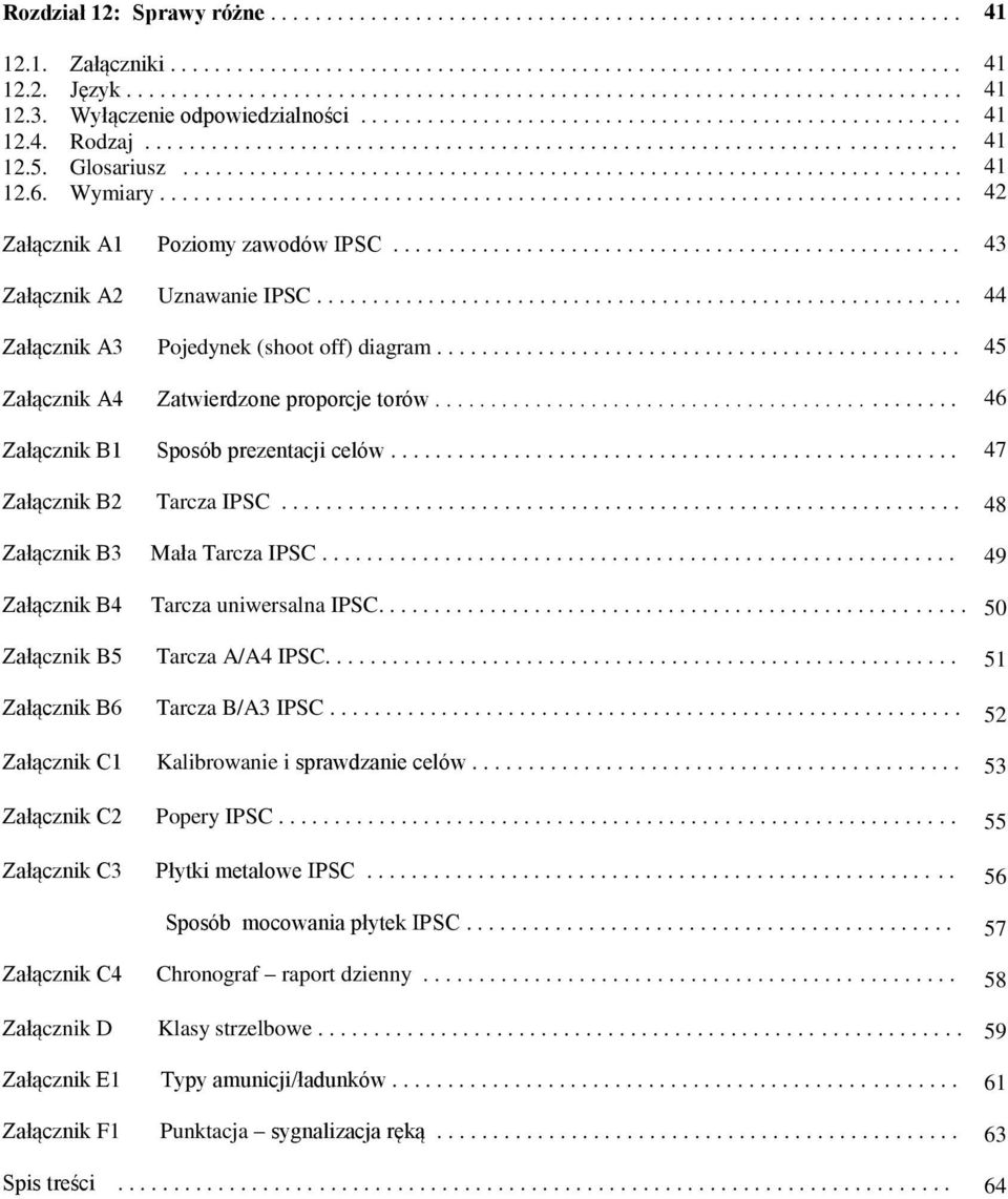 Wymiary........................................................................ Załącznik A1 Poziomy zawodów IPSC................................................... Załącznik A2 Uznawanie IPSC.