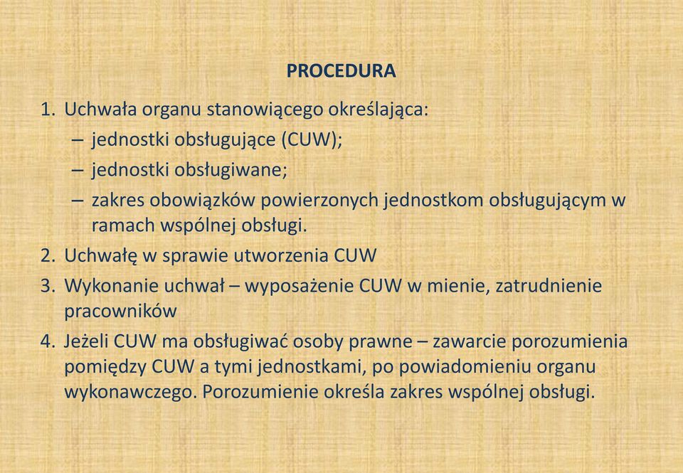 powierzonych jednostkom obsługującym w ramach wspólnej obsługi. 2. Uchwałę w sprawie utworzenia CUW 3.