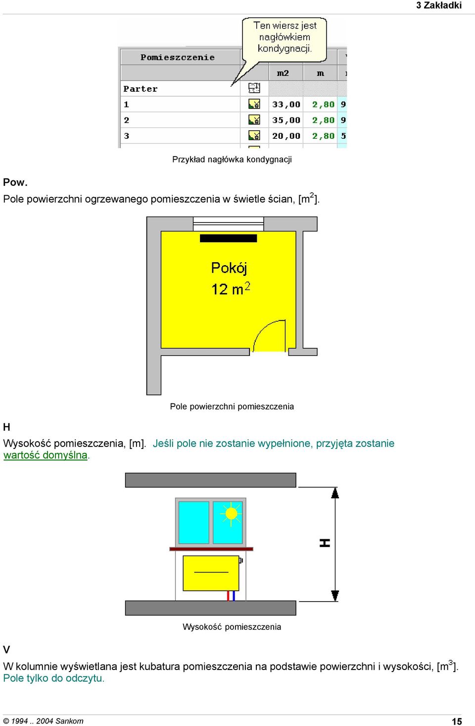 Pole powierzchni pomieszczenia H Wysokość pomieszczenia, [m].