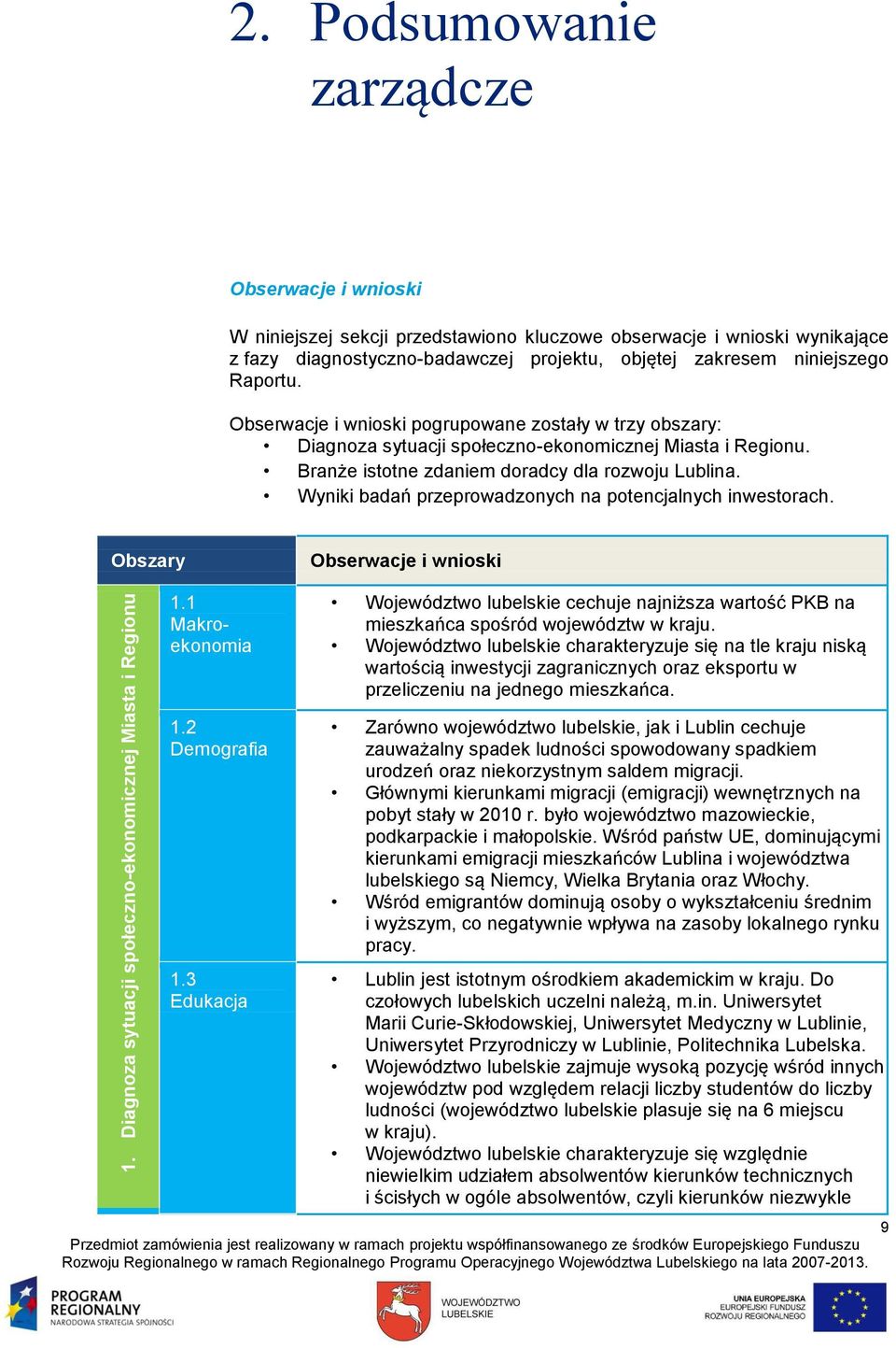Obserwacje i wnioski pogrupowane zostały w trzy obszary: Diagnoza sytuacji społeczno-ekonomicznej Miasta i Regionu. Branże istotne zdaniem doradcy dla rozwoju Lublina.