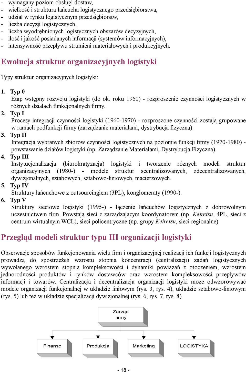 Ewolucja struktur organizacyjnych logistyki Typy struktur organizacyjnych logistyki: 1. Typ 0 Etap wstępny rozwoju logistyki (do ok.