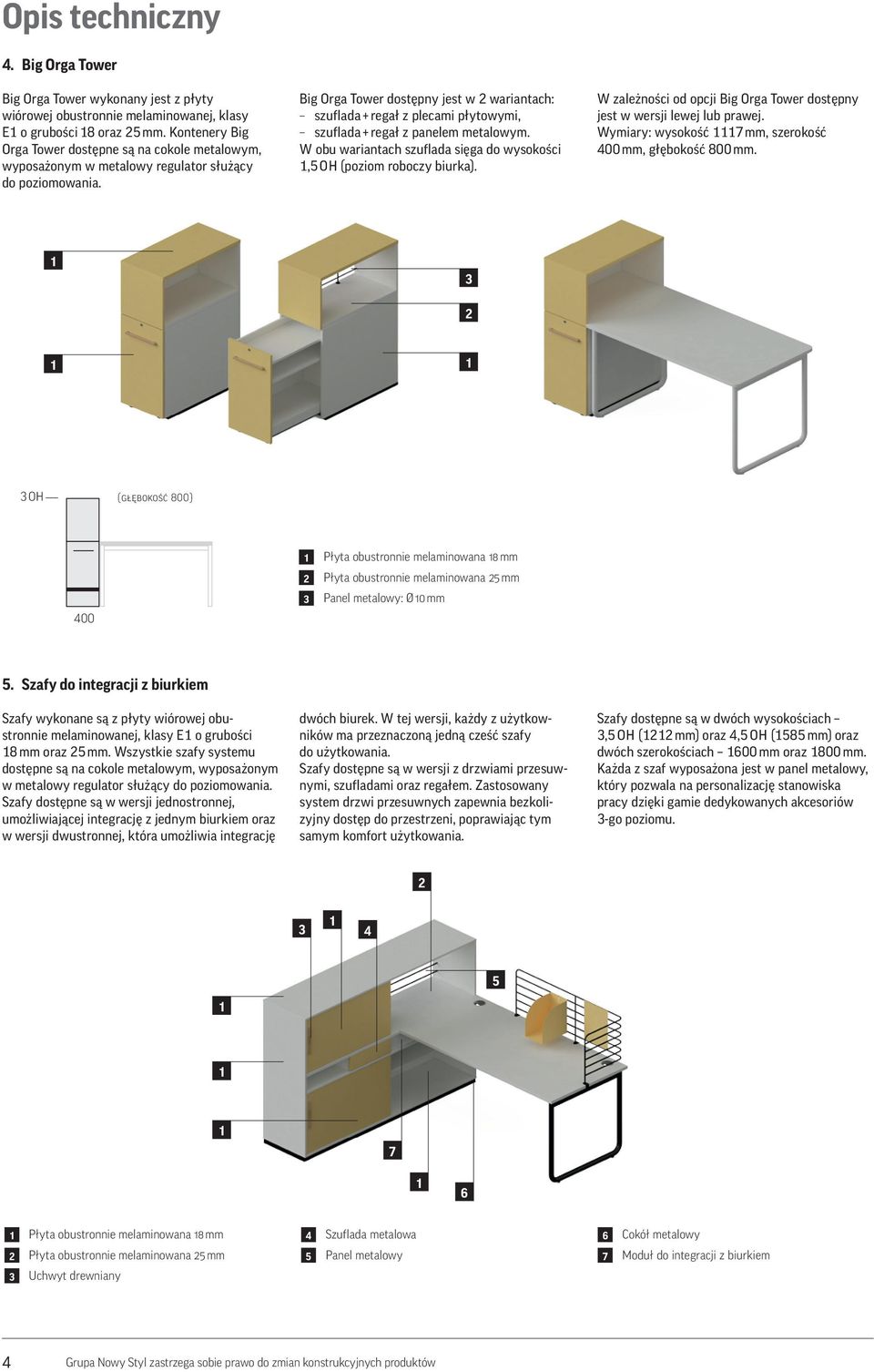 Big Orga Tower dostępny jest w 2 wariantach: szuflada + regał z plecami płytowymi, szuflada + regał z panelem metalowym. W obu wariantach szuflada sięga do wysokości,5 OH (poziom roboczy biurka).