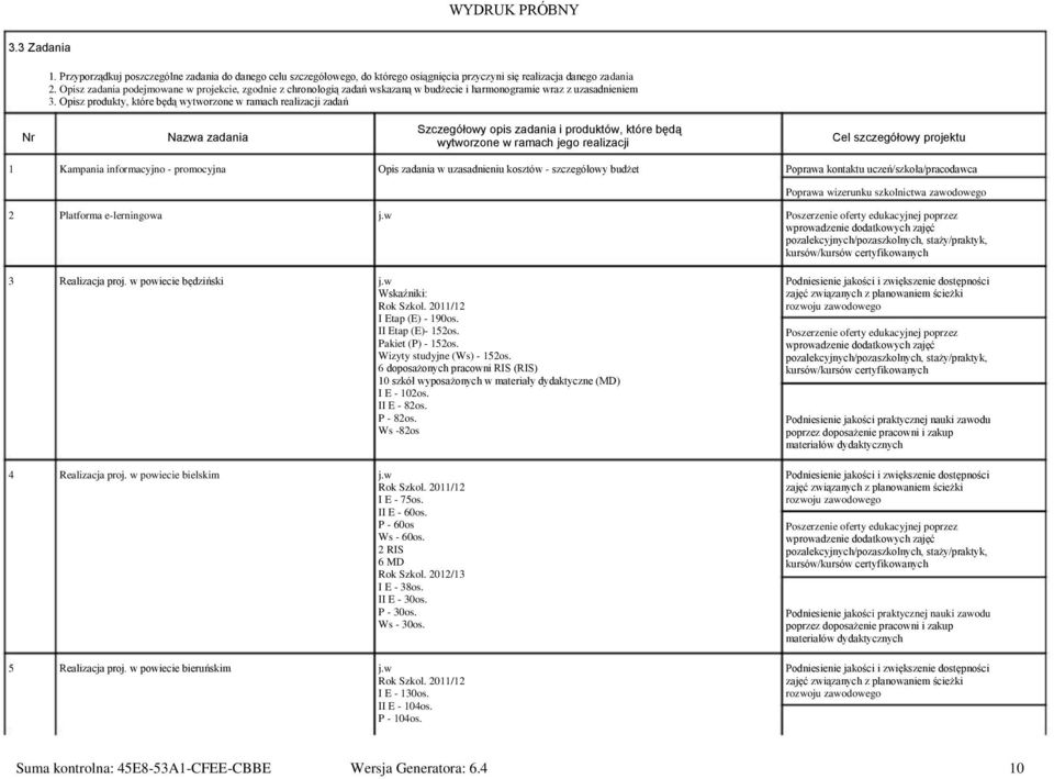 Opisz produkty, które będą wytworzone w ramach realizacji zadań Nr Nazwa zadania Szczegółowy opis zadania i produktów, które będą wytworzone w ramach jego realizacji Cel szczegółowy projektu 1