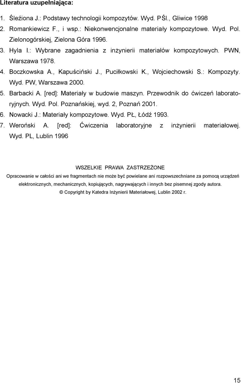 : Kompozyty. Wyd. PW, Warszawa 2000. 5. Barbacki A. [red]: Materiały w budowie maszyn. Przewodnik do ćwiczeń laboratoryjnych. Wyd. Pol. Poznańskiej, wyd. 2, Poznań 2001. 6. Nowacki J.