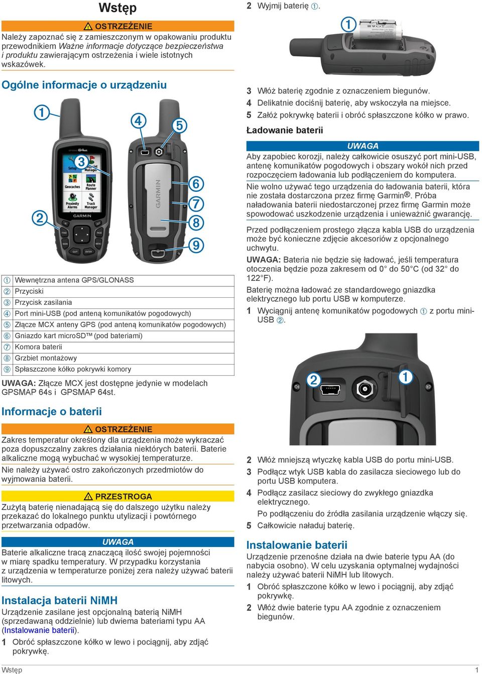 Ogólne informacje o urządzeniu À Wewnętrzna antena GPS/GLONASS Á Przyciski Â Przycisk zasilania Ã Port mini-usb (pod anteną komunikatów pogodowych) Ä Złącze MCX anteny GPS (pod anteną komunikatów