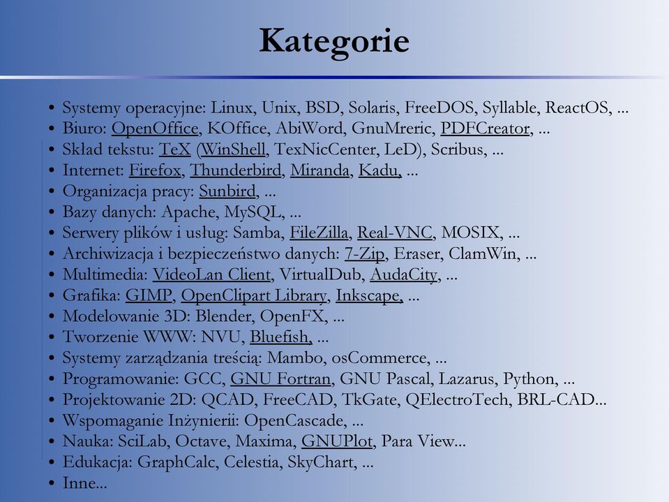 .. Serwery plików i usług: Samba, FileZilla, Real-VNC, MOSIX,... Archiwizacja i bezpieczeństwo danych: 7-Zip, Eraser, ClamWin,... Multimedia: VideoLan Client, VirtualDub, AudaCity,.