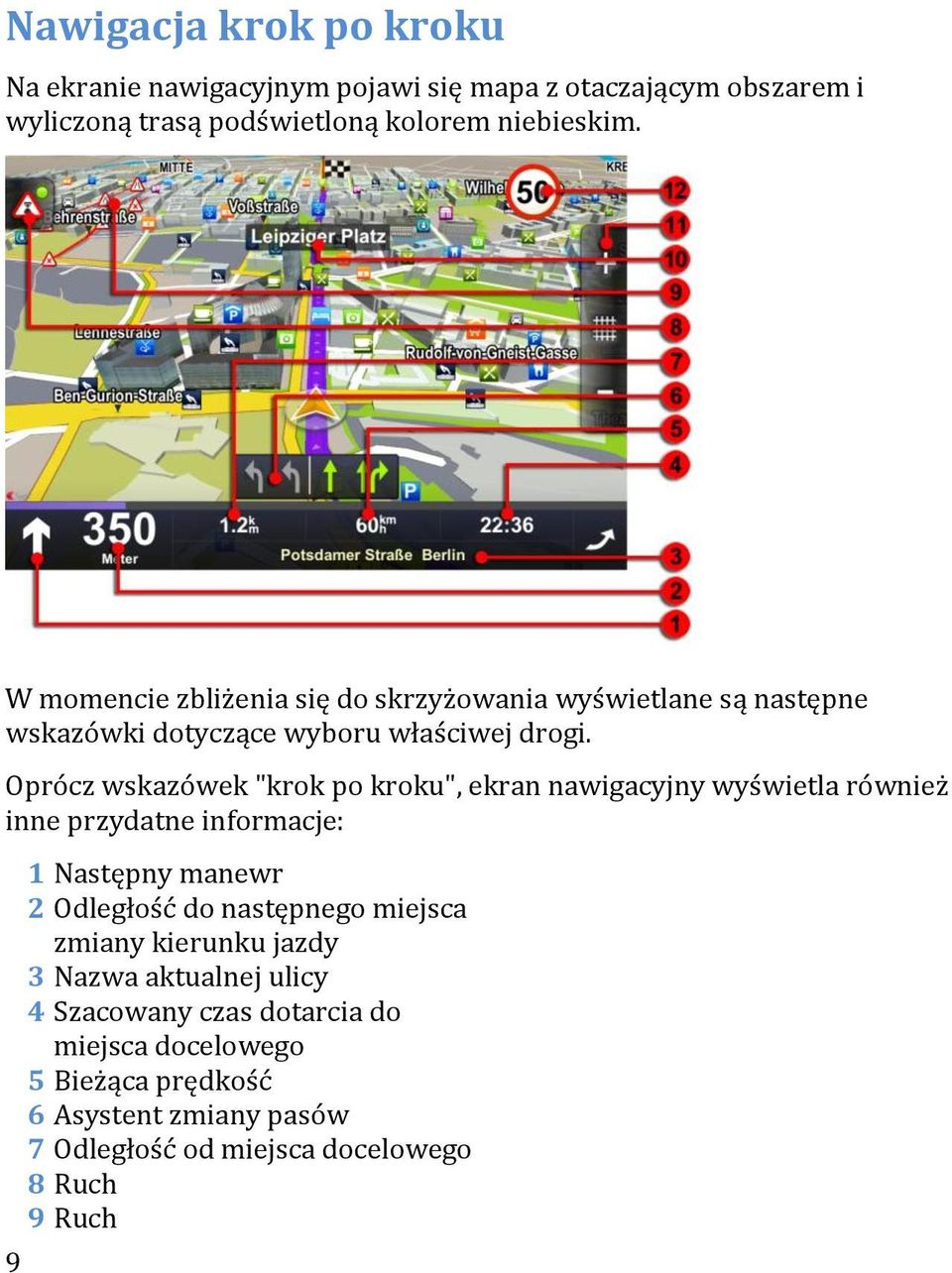 Oprócz wskazówek "krok po kroku", ekran nawigacyjny wyświetla również inne przydatne informacje: 9 1 Następny manewr 2 Odległość do następnego