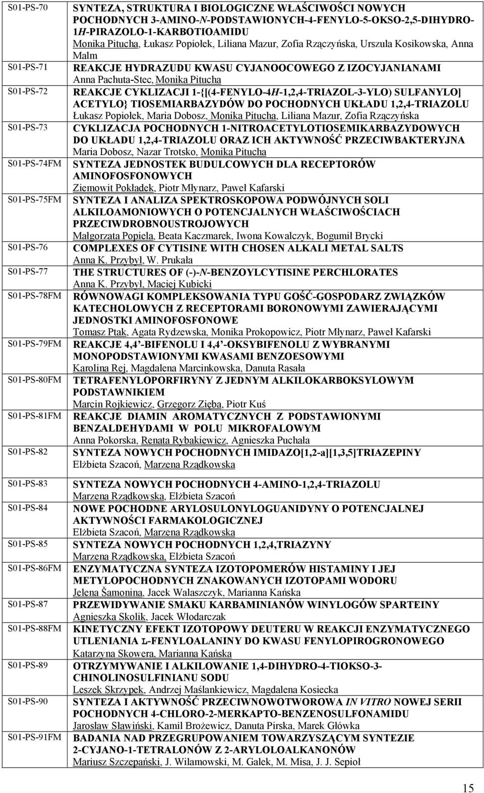 Pitucha, Łukasz Popiołek, Liliana Mazur, Zofia Rzączyńska, Urszula Kosikowska, Anna Malm REAKCJE HYDRAZUDU KWASU CYJANOOCOWEGO Z IZOCYJANIANAMI Anna Pachuta-Stec, Monika Pitucha REAKCJE CYKLIZACJI