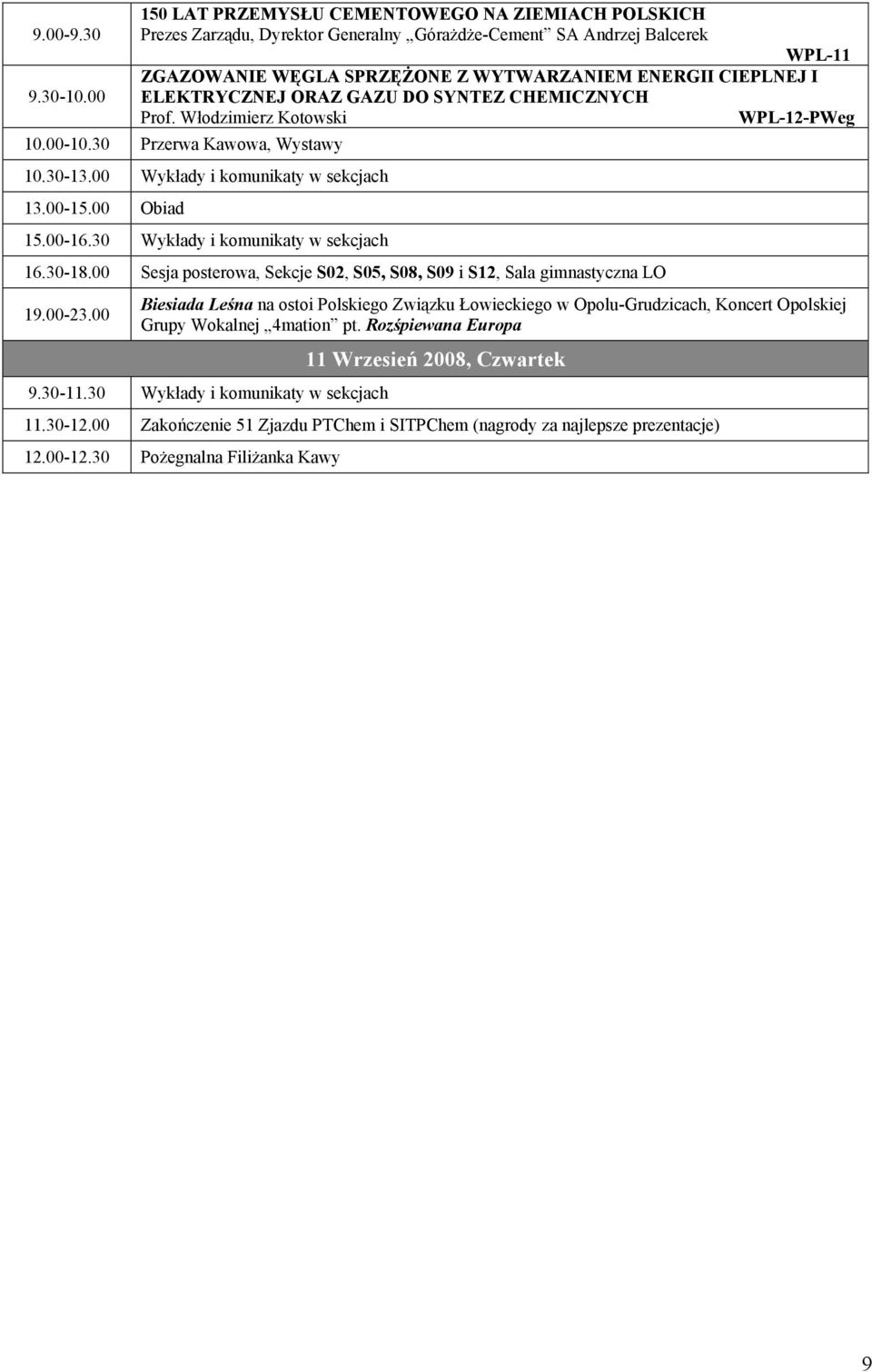 ELEKTRYCZNEJ ORAZ GAZU DO SYNTEZ CHEMICZNYCH Prof. Włodzimierz Kotowski WPL-12-PWeg 10.00-10.30 Przerwa Kawowa, Wystawy 10.30-13.00 Wykłady i komunikaty w sekcjach 13.00-15.00 Obiad 15.00-16.