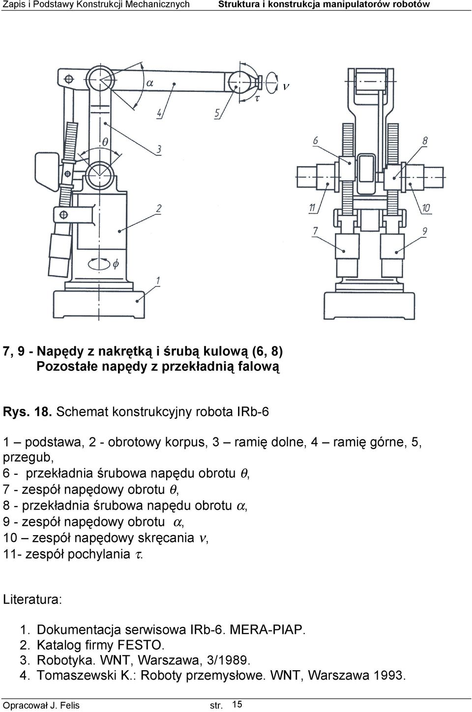 7 - zespół napędowy obrotu θ, 8 - przekładnia śrubowa napędu obrotu α, 9 - zespół napędowy obrotu α, 10 zespół napędowy skręcania ν, 11- zespół