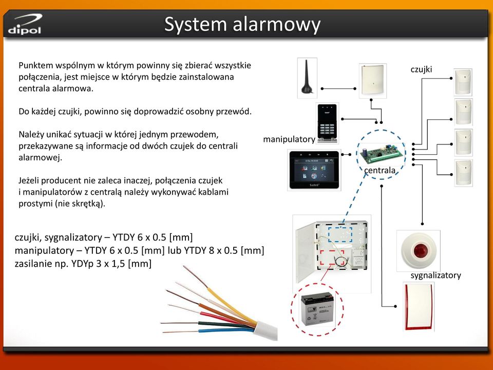 Należy unikać sytuacji w której jednym przewodem, przekazywane są informacje od dwóch czujek do centrali alarmowej.