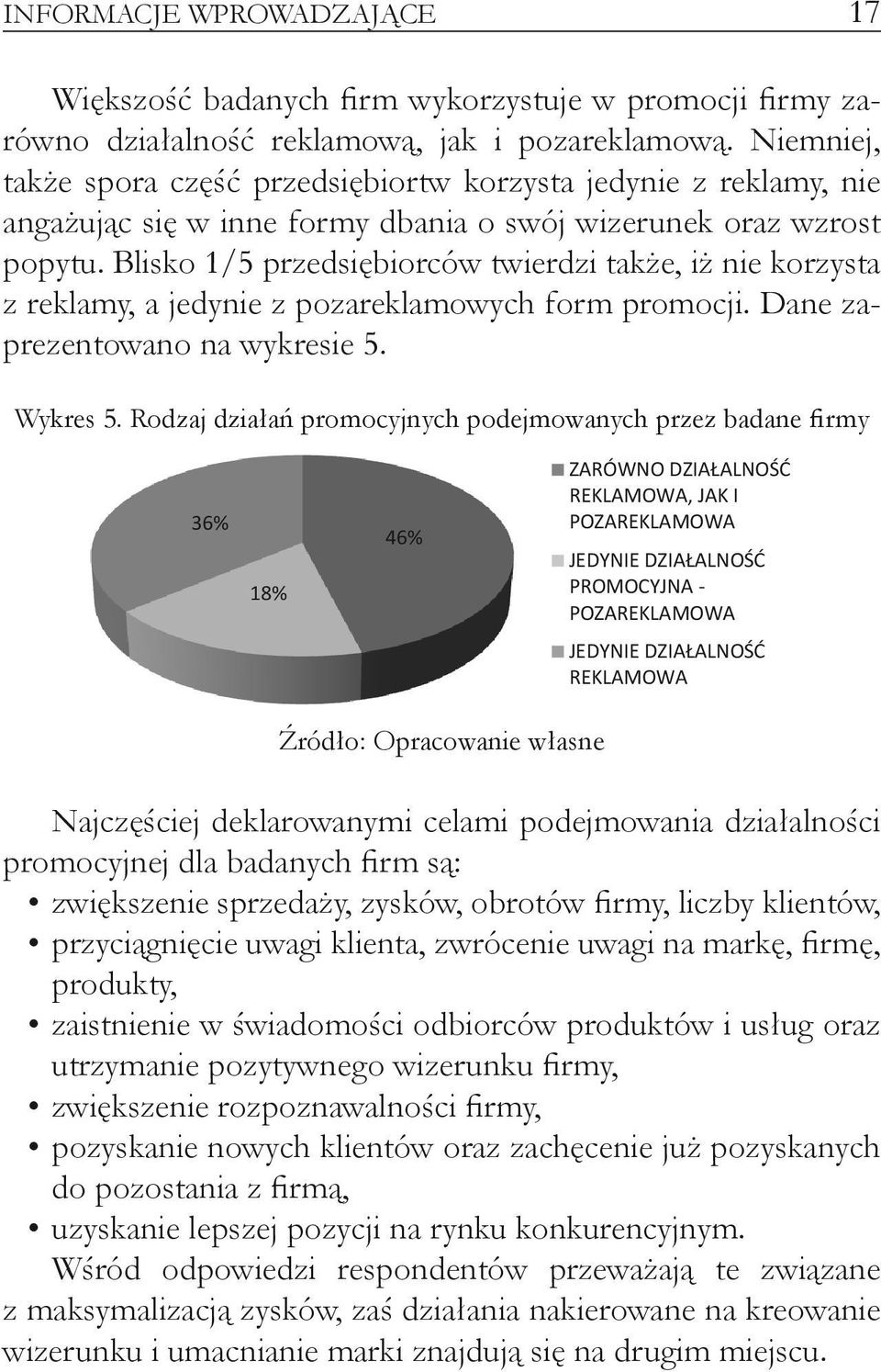 Blisko 1/5 przedsiębiorców twierdzi także, iż nie korzysta z reklamy, a jedynie z pozareklamowych form promocji. Dane zaprezentowano na wykresie 5. Wykres 5.