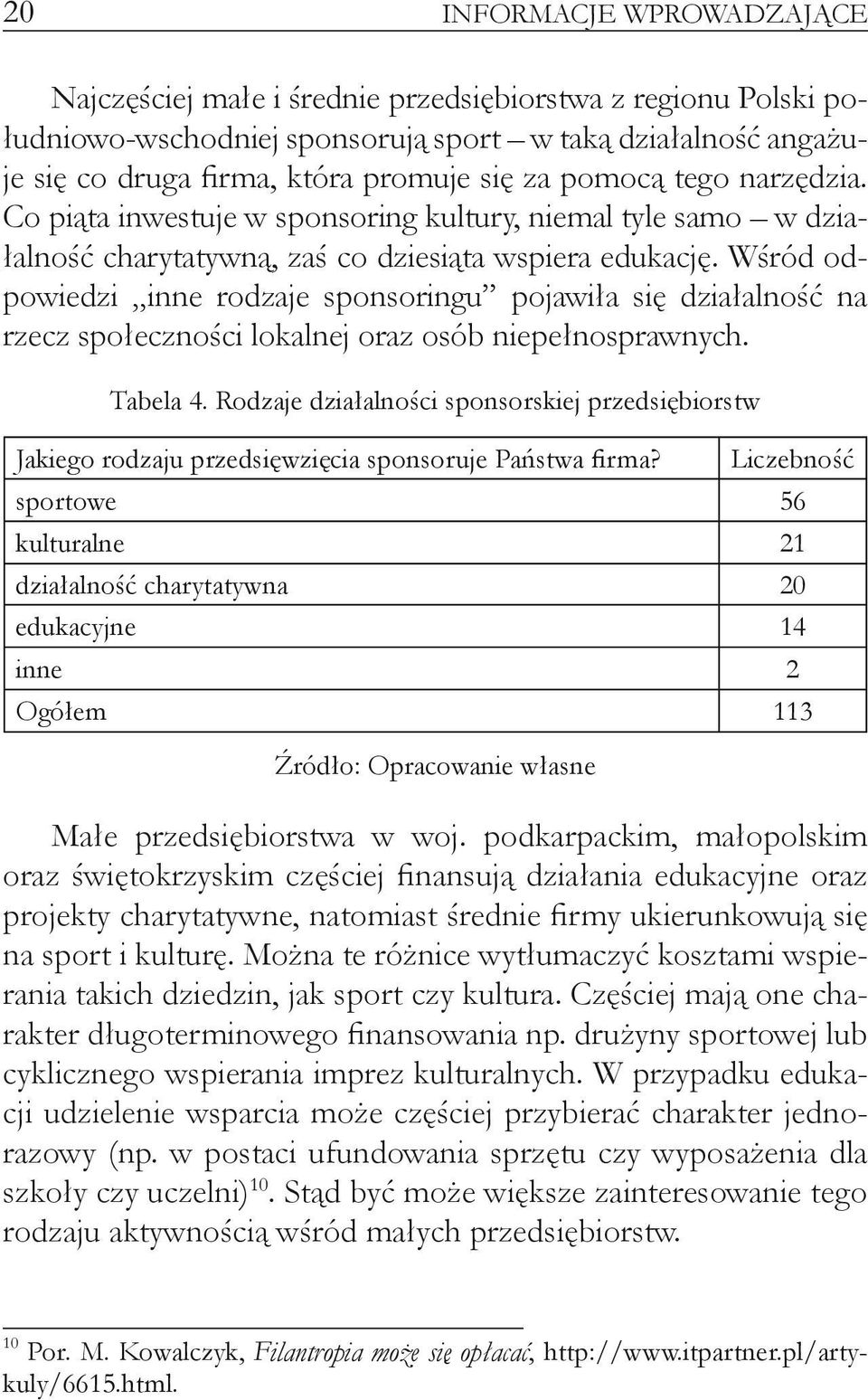 Wśród odpowiedzi inne rodzaje sponsoringu pojawiła się działalność na rzecz społeczności lokalnej oraz osób niepełnosprawnych. Tabela 4.