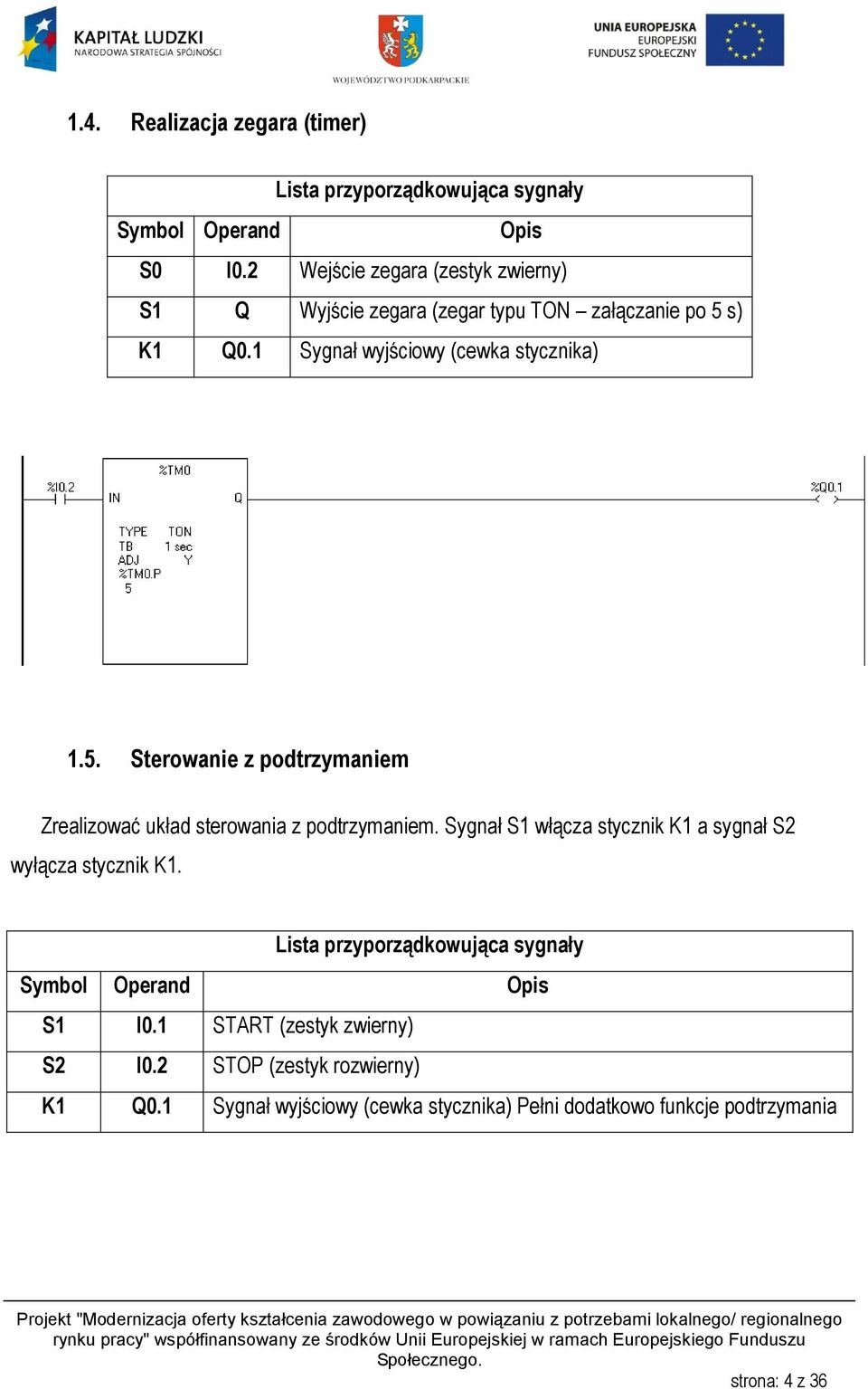 s) K1 Q0.1 Sygnał wyjściowy (cewka stycznika) 1.5. Sterowanie z podtrzymaniem Zrealizować układ sterowania z podtrzymaniem.