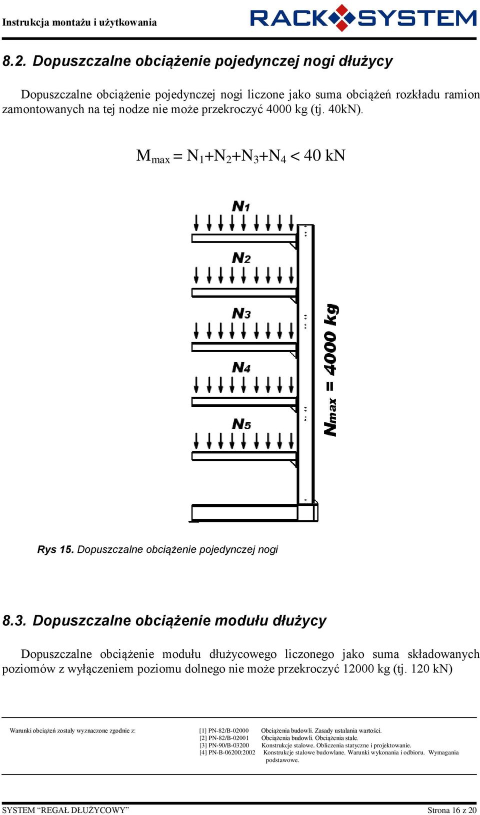 +N 4 < 40 kn Rys 15. Dopuszczalne obciążenie pojedynczej nogi 8.3.