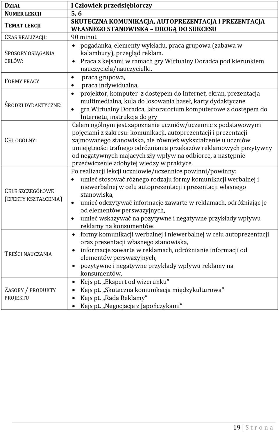 praca indywidualna, projektor, komputer z dostępem do Internet, ekran, prezentacja multimedialna, kula do losowania haseł, karty dydaktyczne ŚRODKI DYDAKTYCZNE: gra Wirtualny Doradca, laboratorium