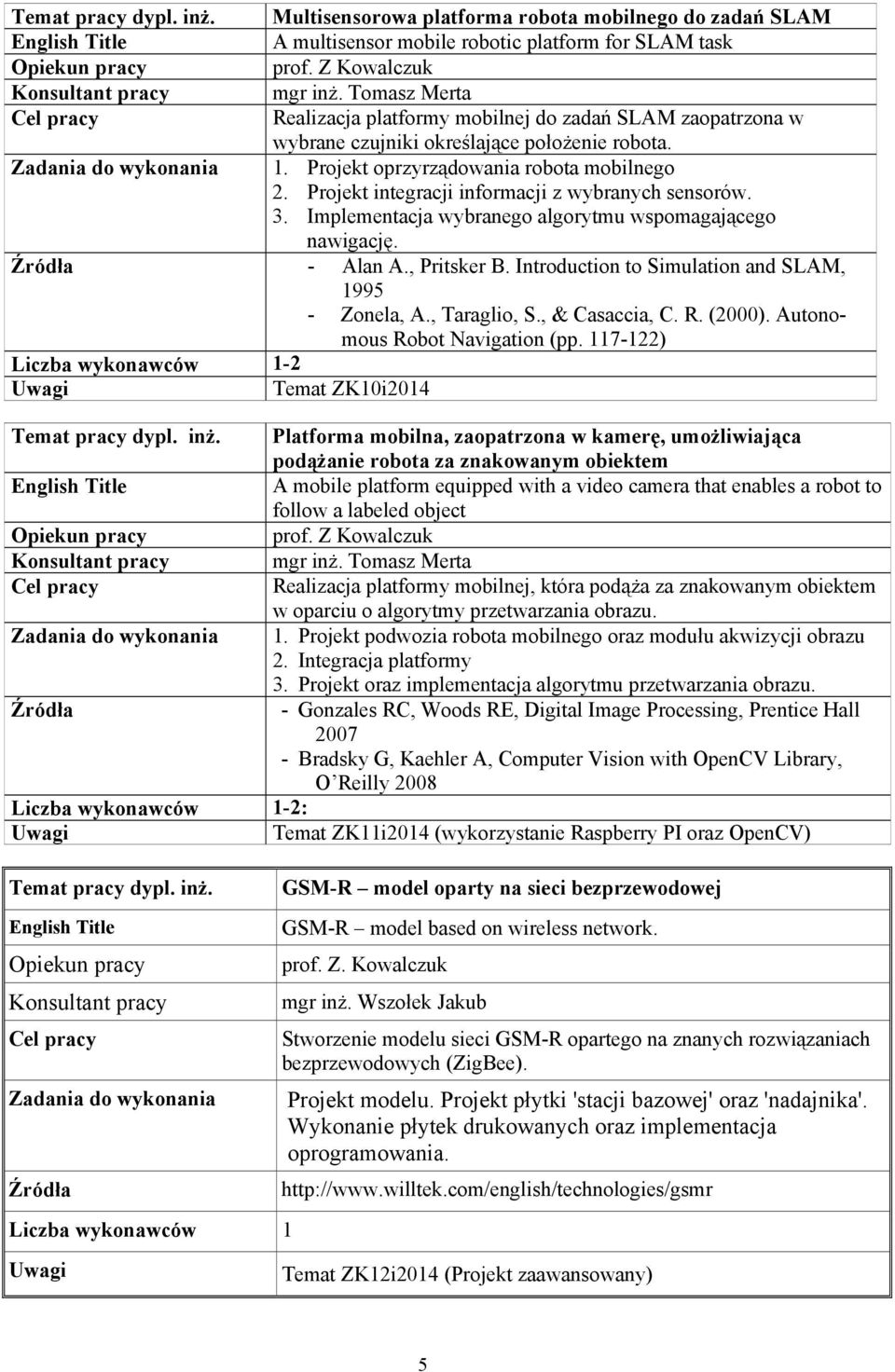 Projekt integracji informacji z wybranych sensorów. 3. Implementacja wybranego algorytmu wspomagającego nawigację. - Alan A., Pritsker B. Introduction to Simulation and SLAM, 1995 - Zonela, A.