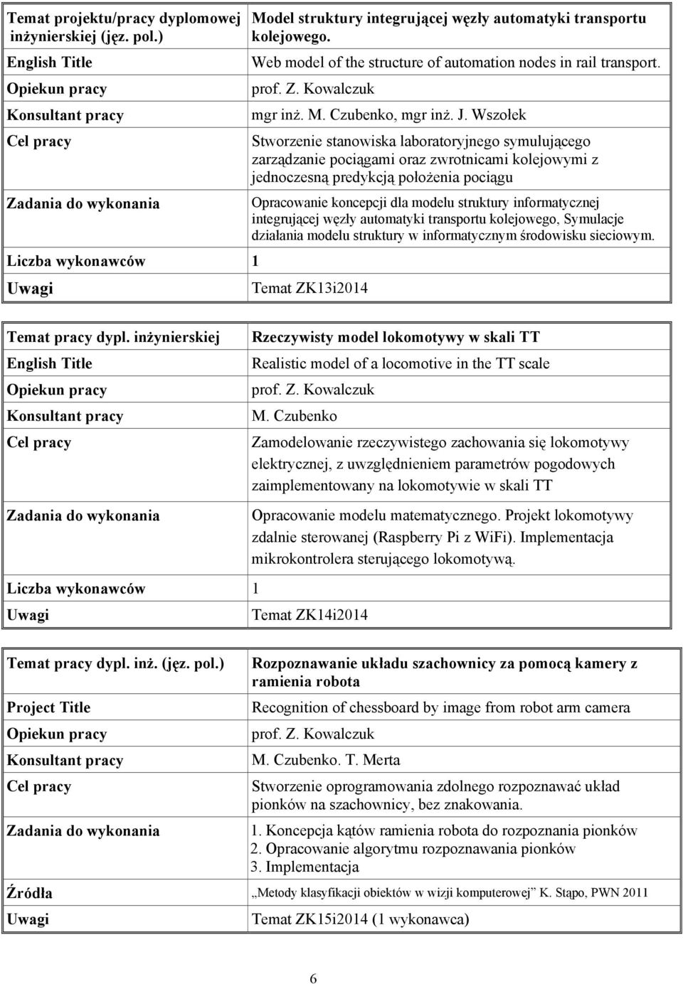 Wszołek Stworzenie stanowiska laboratoryjnego symulującego zarządzanie pociągami oraz zwrotnicami kolejowymi z jednoczesną predykcją położenia pociągu Opracowanie koncepcji dla modelu struktury