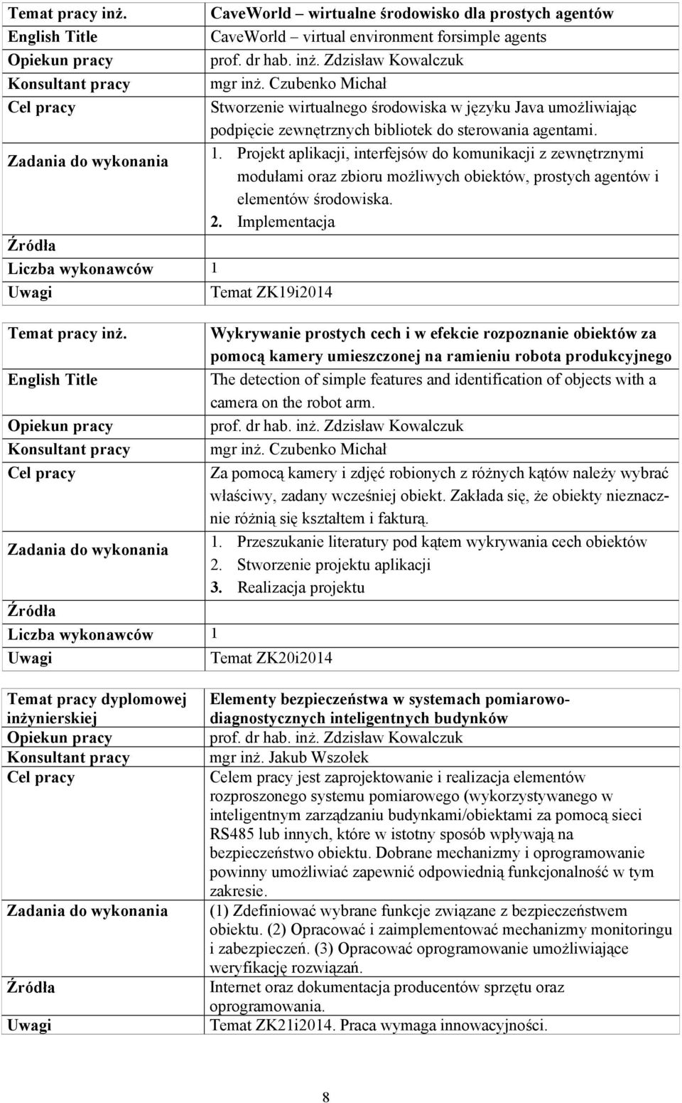 Projekt aplikacji, interfejsów do komunikacji z zewnętrznymi modułami oraz zbioru możliwych obiektów, prostych agentów i elementów środowiska. 2. Implementacja Temat pracy inż.