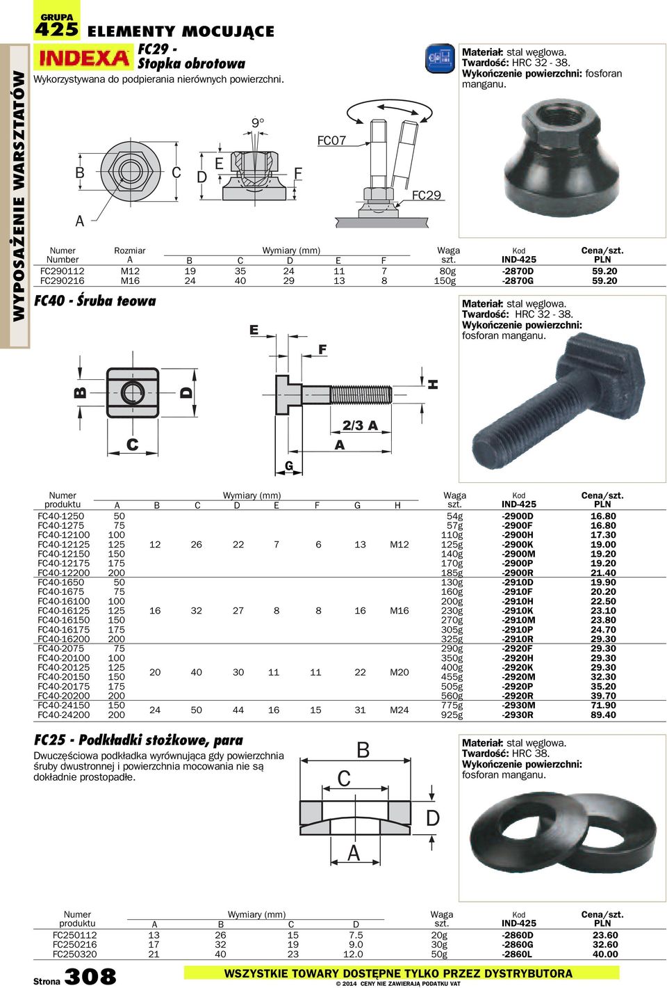 Twardość: HRC 32-38. Wykończenie powierzchni: fosforan manganu. G Wymiary produktu A B C D E F G H IND-425 FC40-1250 50 54g -2900D 16.80 FC40-1275 75 57g -2900F 16.80 FC40-12100 100 110g -2900H 17.