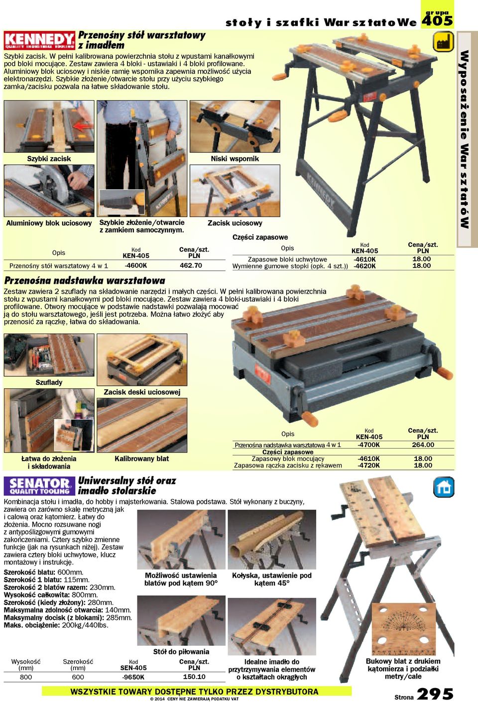 Szybki zacisk Aluminiowy blok uciosowy Szybkie złożenie/otwarcie z zamkiem samoczynnym. Opis KEN-405 Przenośny stół warsztatowy 4 w 1-4600K 462.