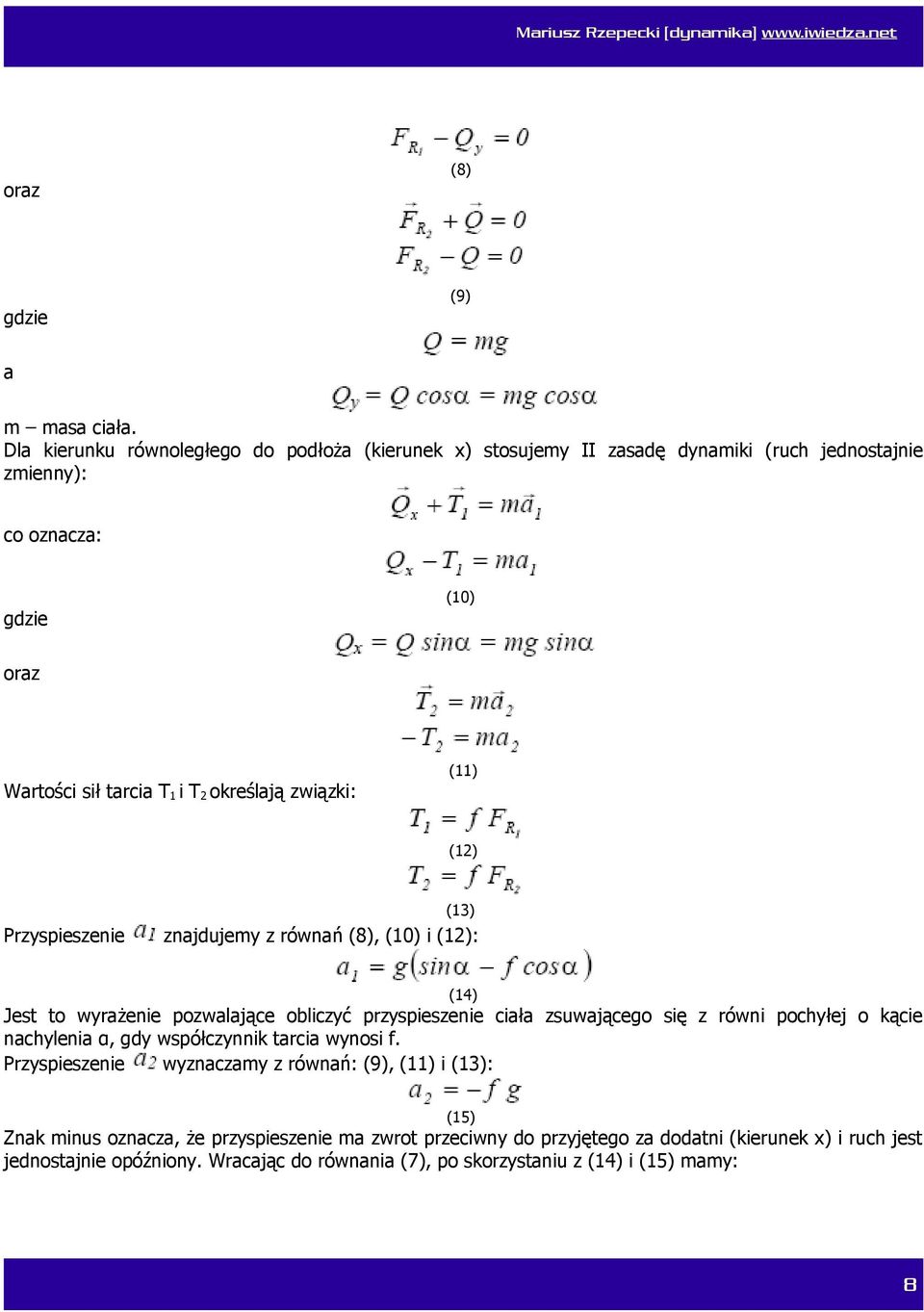 określają związki: (11) (12) (13) Przyspieszenie znajdujemy z równań (8), (10) i (12): (14) Jest to wyrażenie pozwalające obliczyć przyspieszenie ciała zsuwającego się z