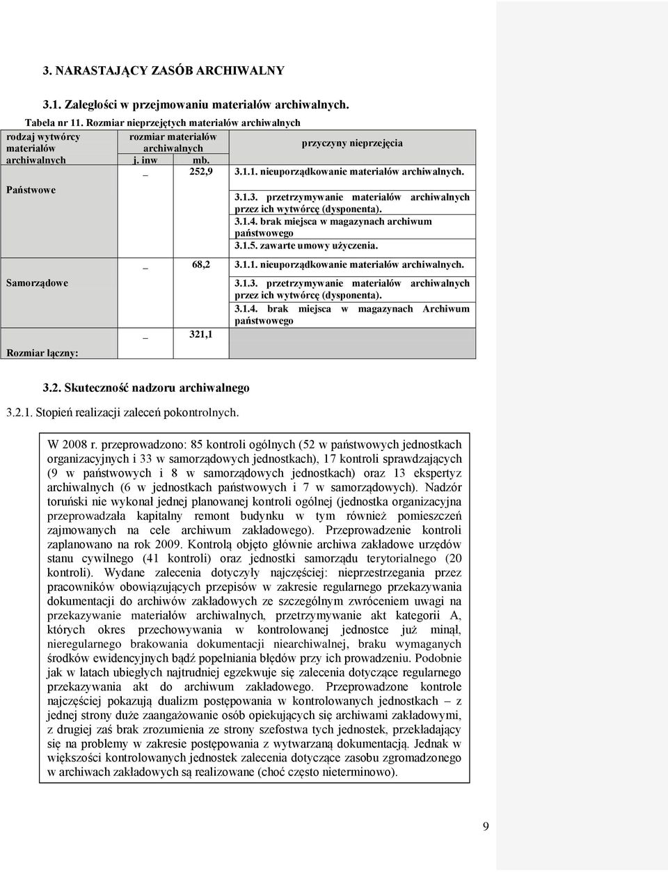 1. nieuporządkowanie materiałów archiwalnych. Państwowe Samorządowe Rozmiar łączny: 3.1.3. przetrzymywanie materiałów archiwalnych przez ich wytwórcę (dysponenta). 3.1.4.