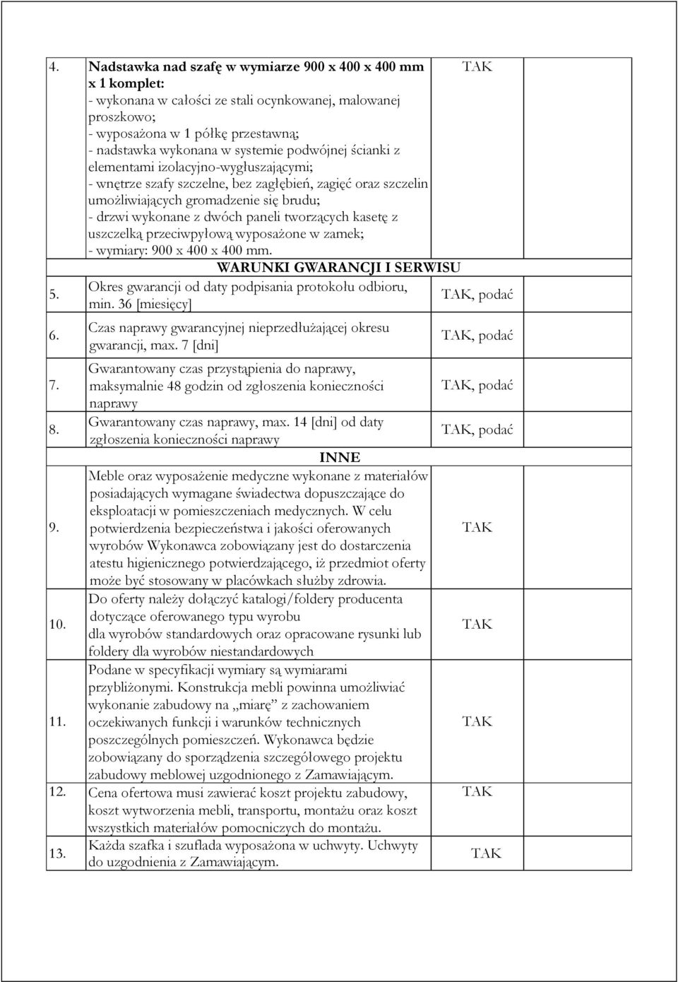 tworzących kasetę z uszczelką przeciwpyłową wyposażone w zamek; - wymiary: 900 x 400 x 400 mm. 5. 6. WARUNKI GWARANCJI I SERWISU Okres gwarancji od daty podpisania protokołu odbioru, min.