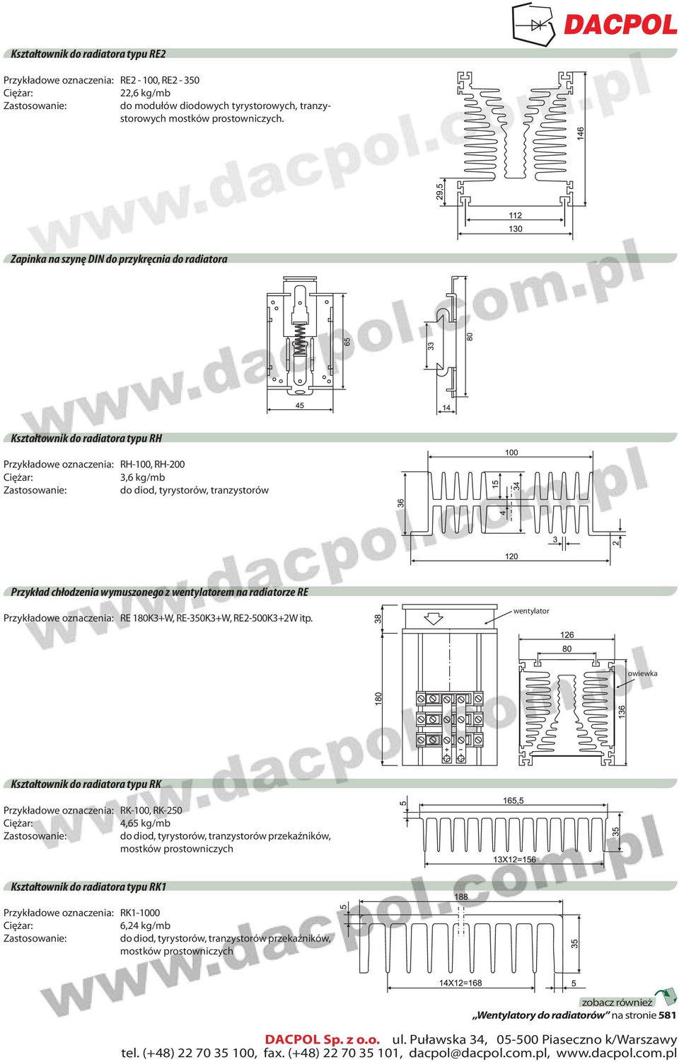 tranzystorów Przykład chłodzenia wymuszonego z wentylatorem na radiatorze RE Przykładowe oznaczenia: RE 180K3+W, RE-350K3+W, RE2-500K3+2W itp.